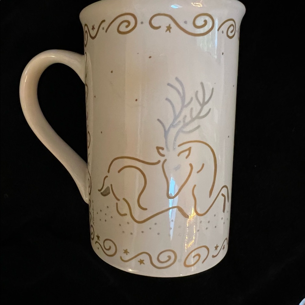 2 - KIC Terri Fosson 10oz Christmas Mug. Gold and Silver Reindeer.